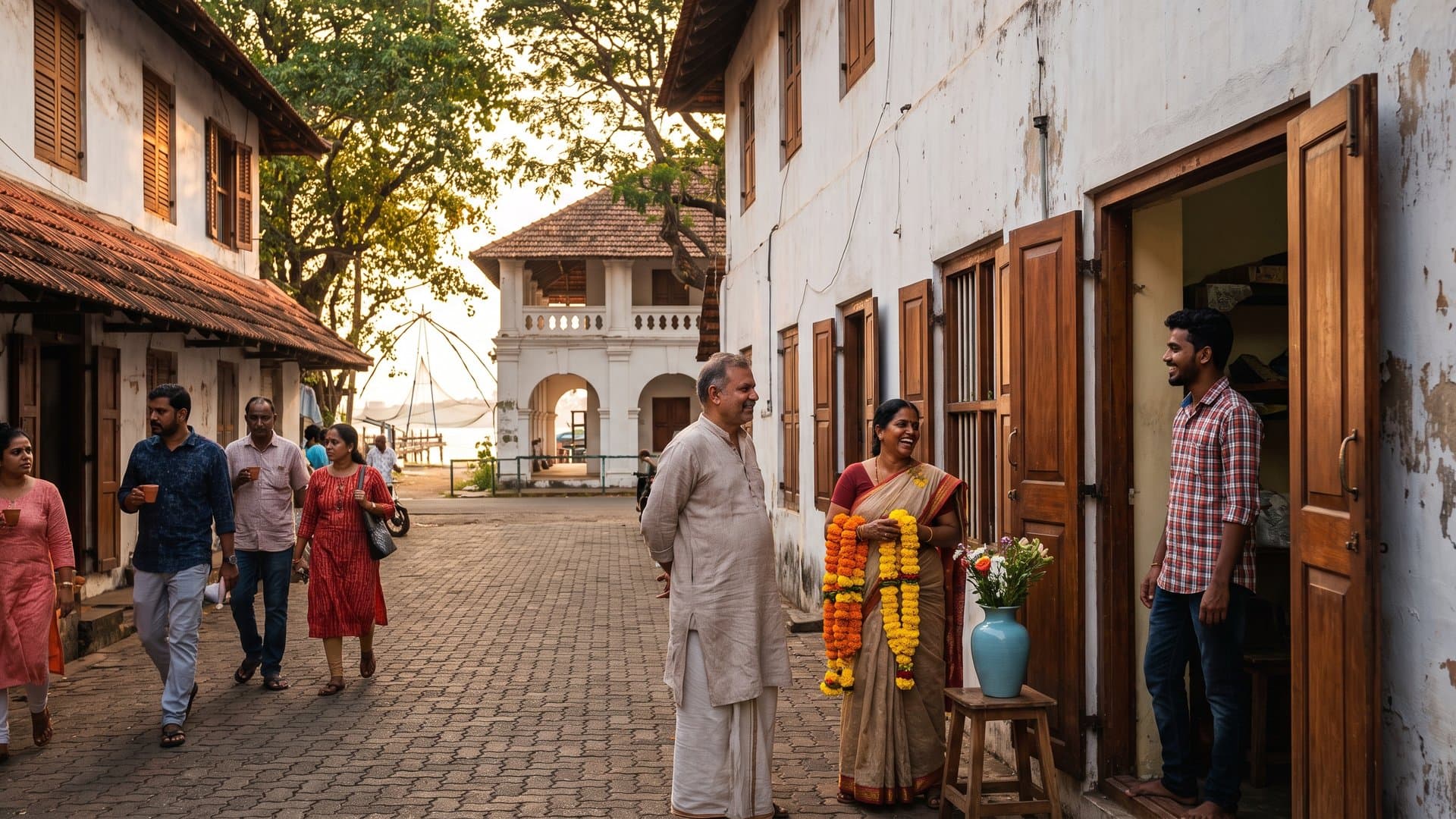 सुनहरी शाम में छोटी दुकानों वाली गली, दुकानदार अपने दरवाज़ों पर बातें कर रहे हैं