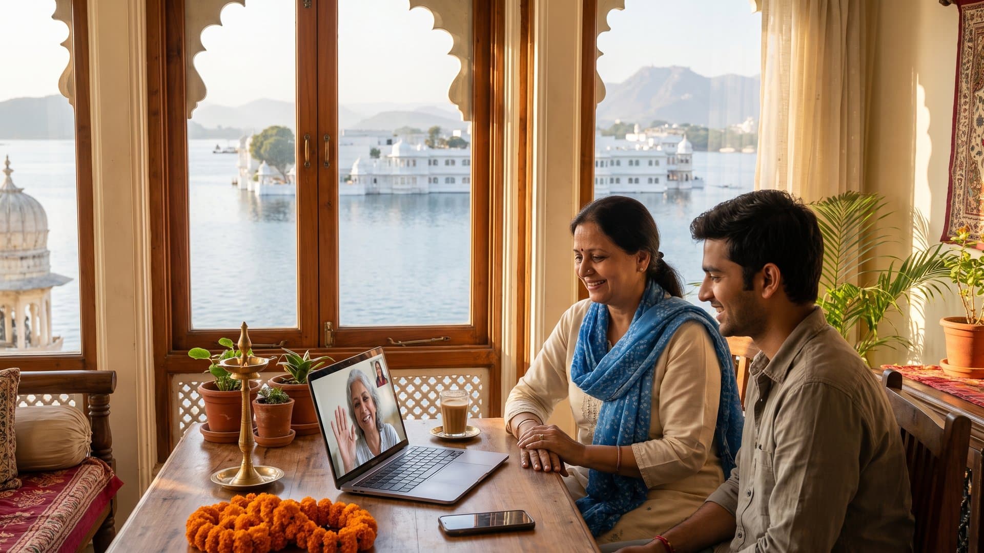 खिड़की के पास लैपटॉप, फ़ोन और चाय के गिलास वाली मेज़, सुबह की नरम रोशनी